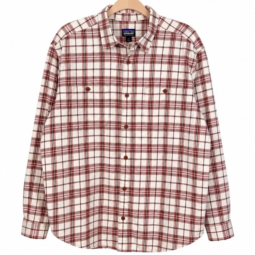 Patagonia Mens XL Organic Cotton Plaid Flannel Shirt Red Cream Button Up